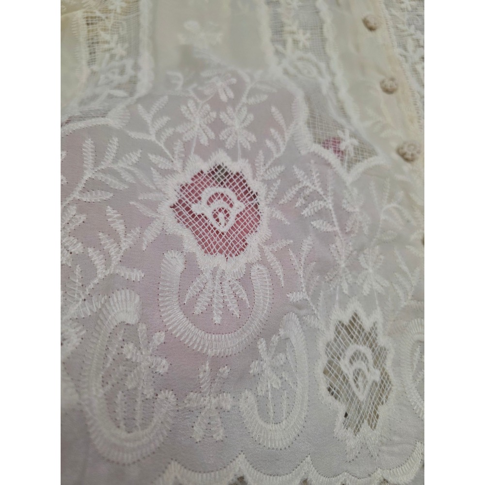Ultra Pink Cream Lace Button Front Blouse Short Puff Sleeve Floral Embroidered L - Picture 6 of 10